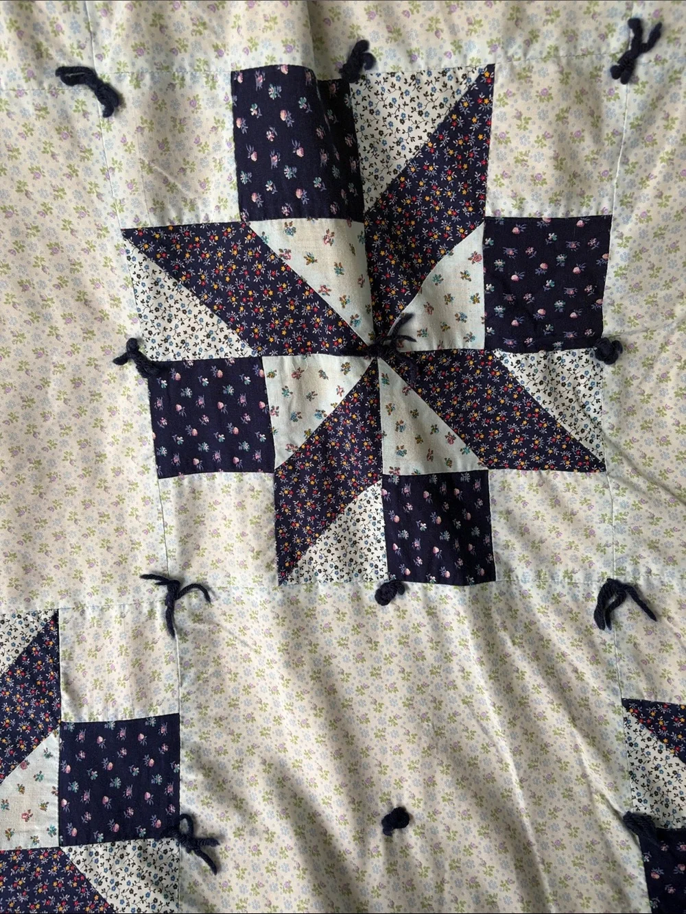 Handmade Blue Star Patchwork Quilt - Granny Cottage Core